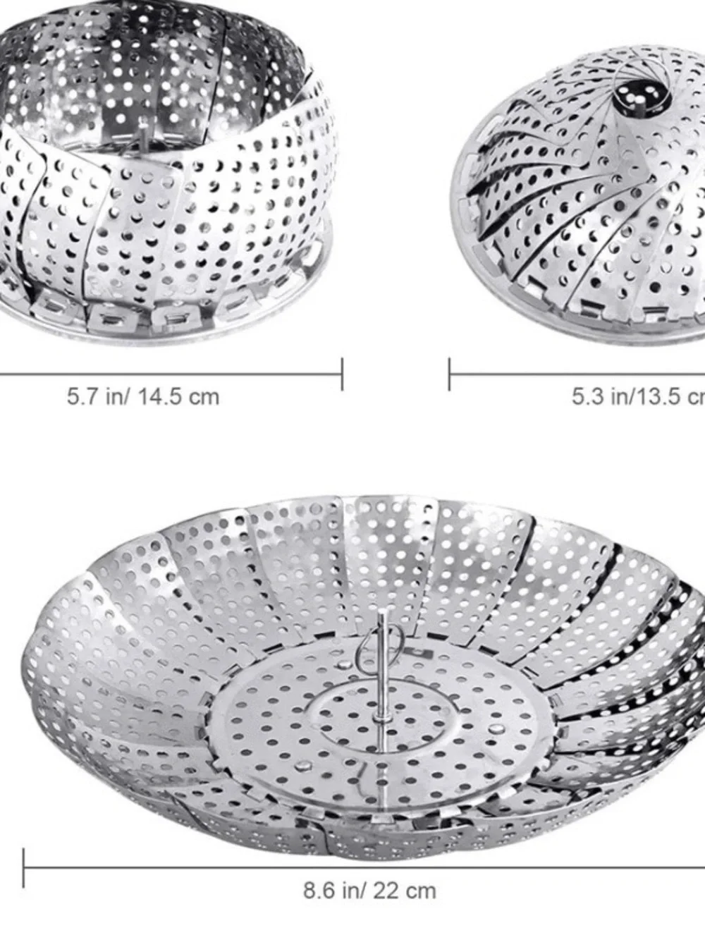 stainless steel collapsible vegetable steamer basket with a center pull handle